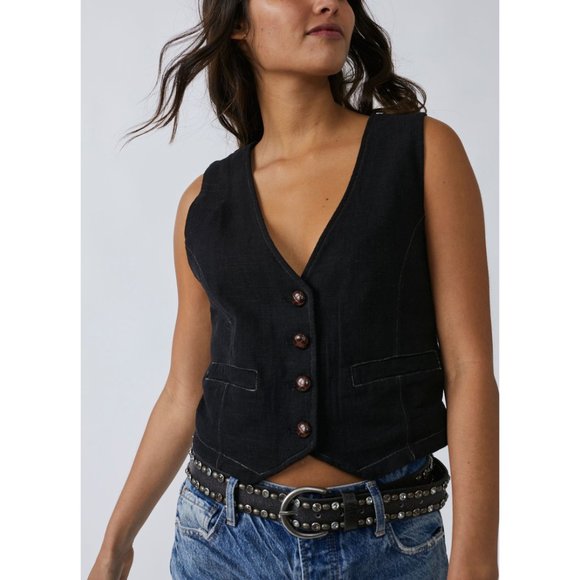 Free People Jackets & Blazers - FREE PEOPLE Charley Linen Vest / Black